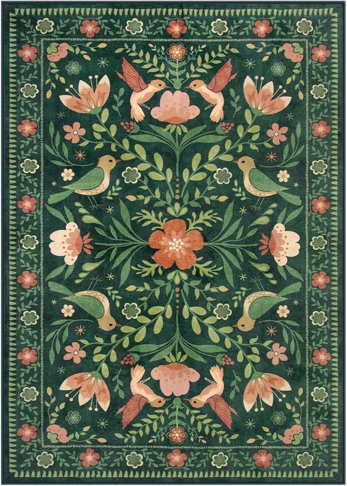 Moynesa Boho Bird Washable Rug, 3x5 Ultra-Thin Dark Green Kitchen Rugs Non-Slip, Stain Resistant, Low Pile, Indoor Small Living Room Throw Carpet for Entryway Bathroom Office Bedroom