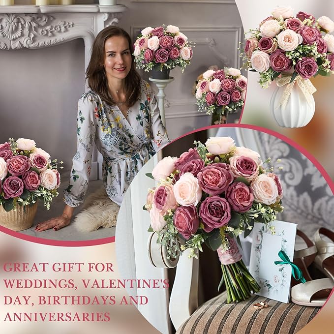 Geosar 16 Bundles Artificial Peonies Flowers Fake Silk Peony Bouquet Faux Peonies Flowers Bulk for Decoration Vase Floral Arrangements Wedding Party Table (Dusty Pink,Dusty Rose)