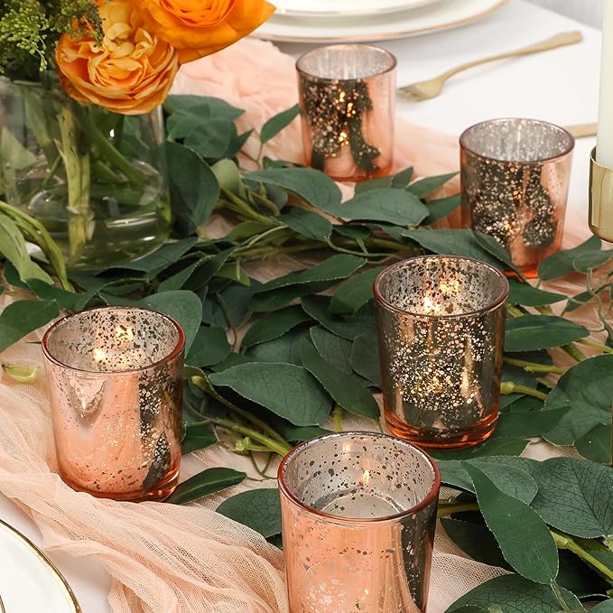 24 Pcs Rose Gold Votive Candle Holders, Speckled Mercury Rose Gold Glass Candle Holder Bulk for Wedding Centerpiece Table Decor, Tea Lights Candle Holder for Valentines Day Decor, Home Decor