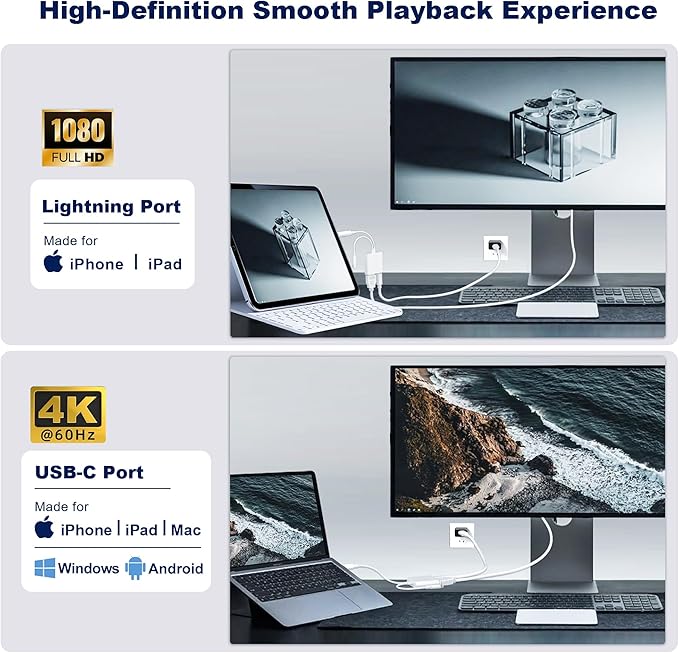 Lightning and USB-C to HDMI Adapter for iPhone to TV, MFi Certified 4K@60Hz Type C to HDMI Adapter with 100W Fast Charge, Lightning to Digital AV adapter for iphone 17/16/15/iPad to TV/Projector