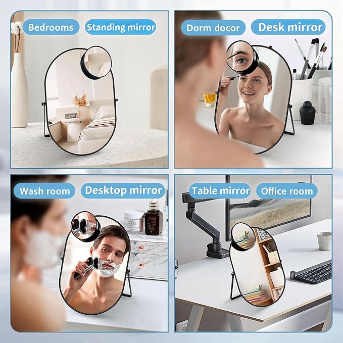 Desk Mirror, Tabletop Vanity Mirror, 360°Adjustable Rotation Vintage Metal Framed Table Mirror with Stand and 10X Magnifying Room for Living Room, Bedroom, Tabletop, Bathroom (Black Oval)