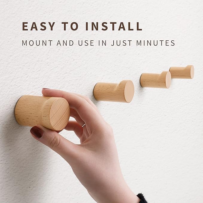Natural Wooden Wall Hooks - Pack of 4 - Wall Mounted Hook - Modern Wood Coat Rack - Decorative Wooden Pegs for Hanging Hat, Towel, or Purse (Beech Wood)
