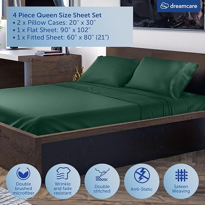 DREAMCARE Queen Sheet Set – 4 pcs Cooling Sheets – up to 21” Extra Deep Pocket Queen Sheets – Hotel Luxury Pillowcases – Superior Softness 100% Microfiber with Side Pocket - Emerald Green