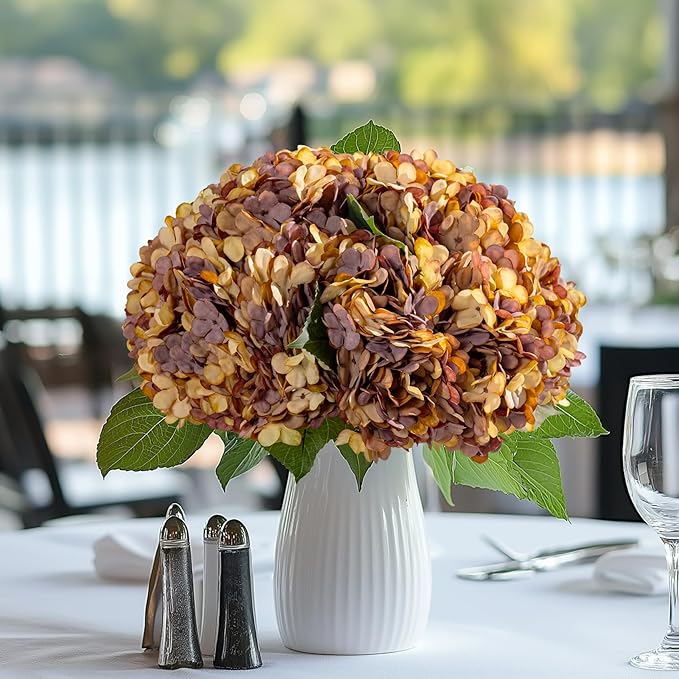 10PCS Fake Hydrangea Artificial Flowers Hydrangea Bouquet for Home Wedding Bridal Bouquet Office Party Table Centerpiece DIY Floral Decor (Autumn Orange)