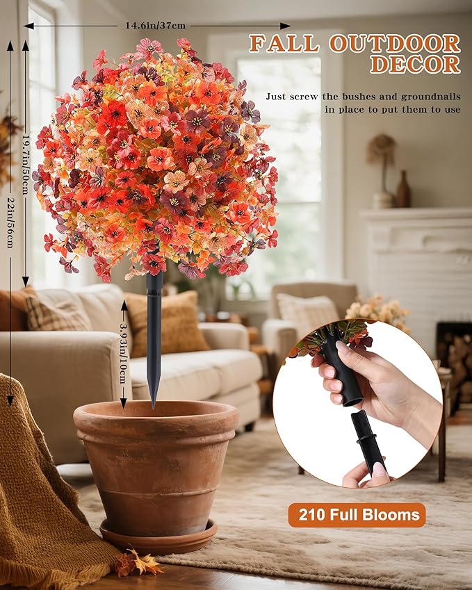 Artificial Mums Topiary Ball Tree With Flowers for Outdoors Fall Decor,Orange UV Resistant Fake Plants With Ground Spike Autumn Decorations for Home,Front Porch,Garden,Thanksgiving,Planters