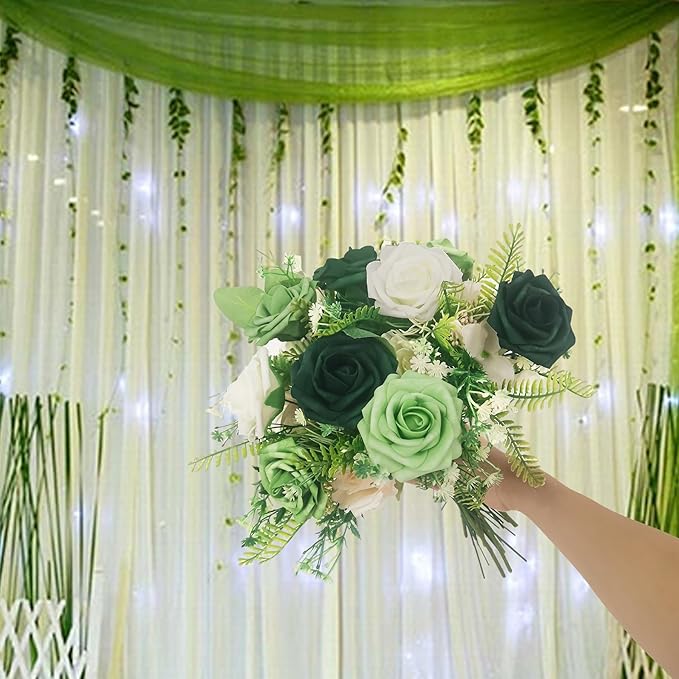 Artificial Fake Flowers 25pcs Roses, Shade of Green Foam Rose Faux Flower for DIY Wedding Bouquets Bridal Shower Centerpieces Floral Arrangements Party Tables Home Decorations