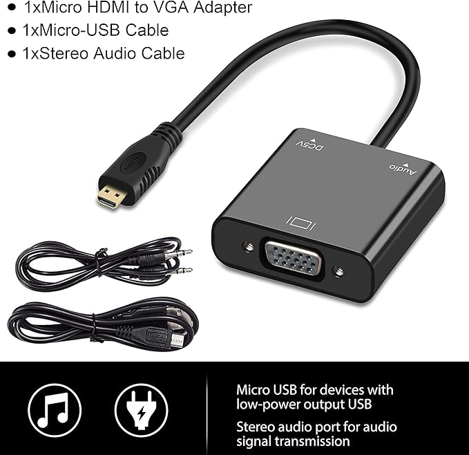 avedio Links Micro HDMI to VGA Adapter, Active Micro HDMI to VGA Video Converter Cable with 3.5mm Stereo Audio, (Male to Female) Compatible with Laptop, Projector, HDTV, Chromebook