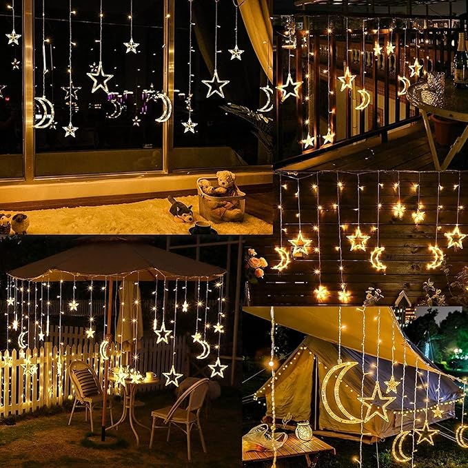 Christmas LED Curtain String Lights - 18FT 12 Drops 138 LED Star Moon Hanging Lights with Remote, 8 Modes, 6H Timer, Waterproof Connectable Window Lights for Indoor Outdoor Holiday Decorations