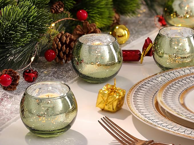 LAMORGIFT 24 Pcs Green Candle Holders - Mercury Glass Tealight Candle Holders for Spring Wedding, Birthday, Dinner Party Table Decor, Guest Favors