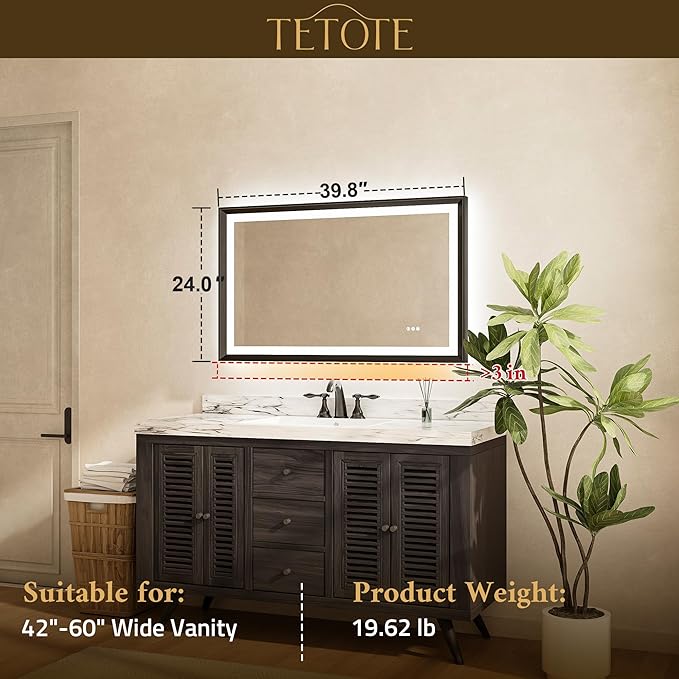TETOTE 40x24 LED Bathroom Mirror with Lights Black Metal Framed Front & Back Light Vanity Mirror Baroque Gothic Antifog Stepless Dimmable White/Warm/Natural,CRI90+,Waterproof(Horizontal/Vertical)
