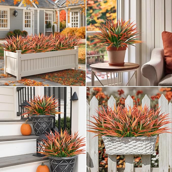 Ouddy Decor 20 Pcs Fake Fall Outdoor Plants Artificial Grass Fall Stems Faux Plastic Plants UV Resistant for Autumn Indoor Outside Garden Hanging Planter Porch Patio Window Box Home Decor, Orange