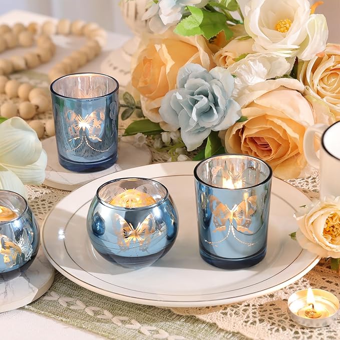 Blue 12 PCS Combination Tea Lights Candle Holder Decorative with Butterfly Pattern, Votive Candle Holders for Wedding, Birthday, Anniversary, Parties, and Holiday Decorations