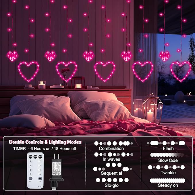 Valentines Day Decor, Pink Love Heart String Lights for Bedroom, 12 Hearts 138 LED Fairy Twinkle Lights with Remote, 8 Lighting Modes Connectable Window Lights for Valentine's Day Wedding Home Decor