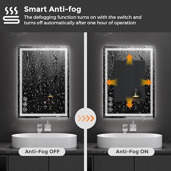 Koonmi 20x28 LED Bathroom Mirror, Backlit + Front Lit, LED Bathroom Mirror with Lights for Wall, 3 Colors, Anti-Fog, Dimmable Brightness, Memory Function, Tempered Glass