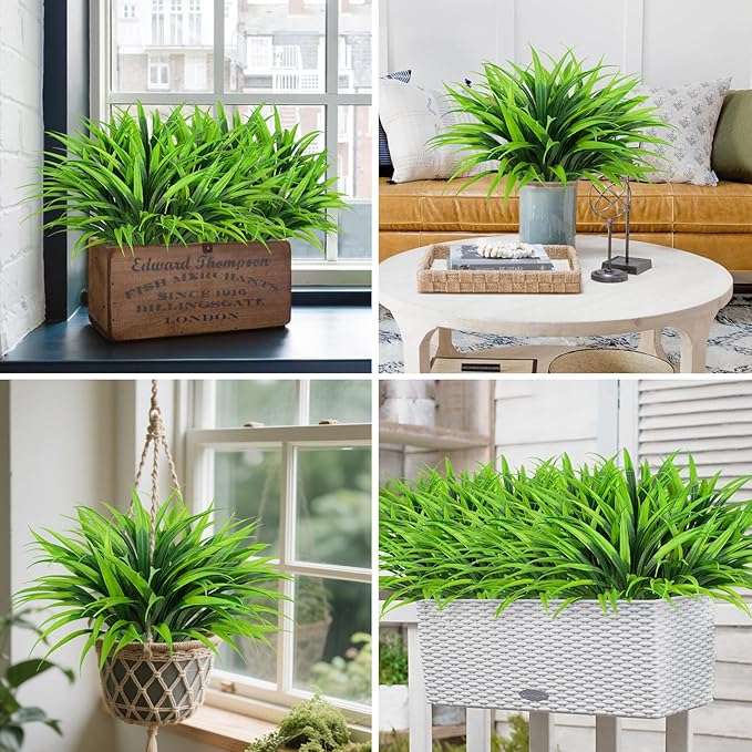 Ouddy Decor 20 Pcs Fake Outdoor Plants Artificial Grass Greenery Stems Faux Plastic Plants UV Resistant for Indoor Outside Garden Hanging Planter Pathway Porch Patio Window Box Home Decor, Green