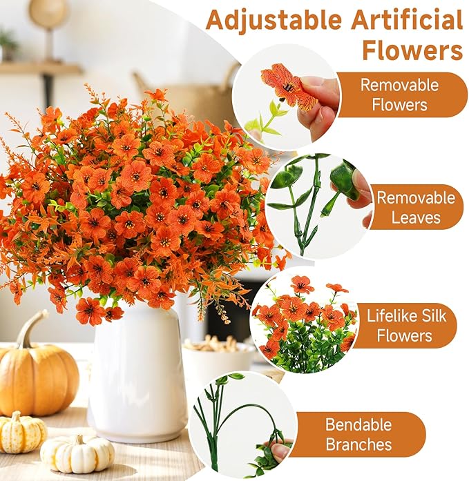 SHareconn 48 Bundles Artificial Fall Flowers for Outdoors Decoration, UV Resistant Silk Eucalyptus Lavender Faux Autumn Fake Plants for Outside Indoor Garden Yard Porch Home Decor, Orange