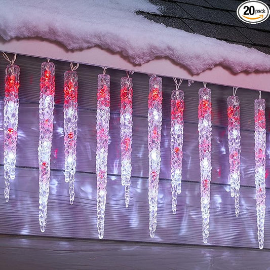 Minetom Icicle Lights Outdoor with Clips, 20ft 100 LED 20 Tubes Twinkling Crystal Icicle String Lights, Connectable Waterproof Hanging Christmas Decorations Plug in for Outdoor, Red and White