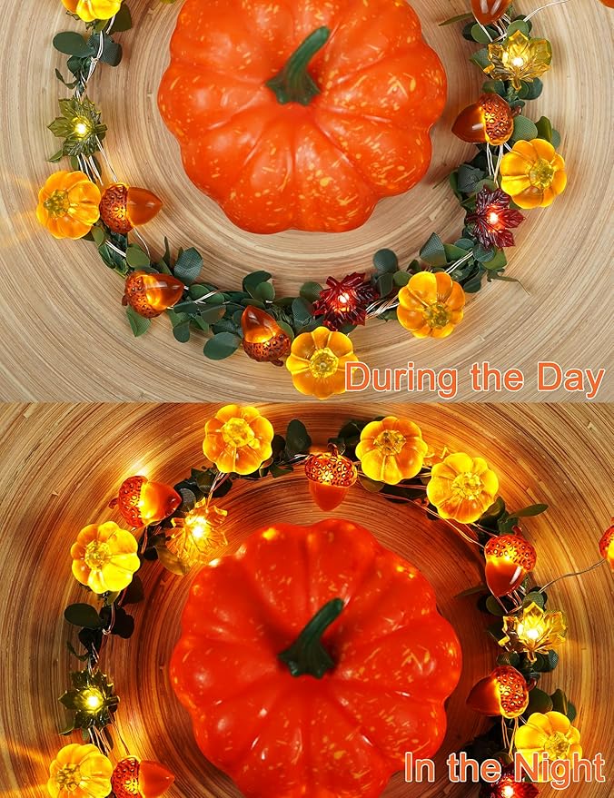 BOHON Thanksgiving Decoration Acorn 3D Pumpkin Maple Leaf String Lights Battery Operated with Remote 10ft 30 LEDs Orange Fall Lights for Home Autumn Garland Harvest Halloween Party Christmas Decor