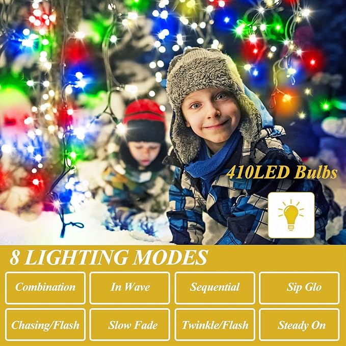 Christmas Tree Lights String, 410LED Christmas Lights for Tree with 8 Light Modes & Memory Function, 6.6FT x 16 String Lights with Timing & Remote Control for Christmas Decoration - Multicolor