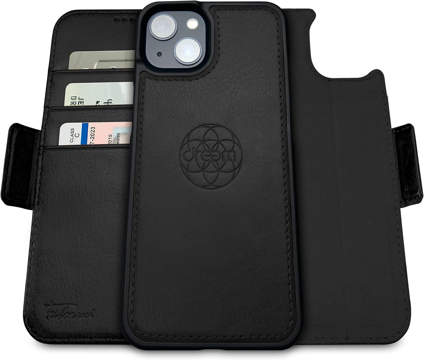 Dreem Fibonacci Compatible with iPhone 14 Wallet Case, 2-in-1 Shockproof Detachable Vegan Leather Folio, Black