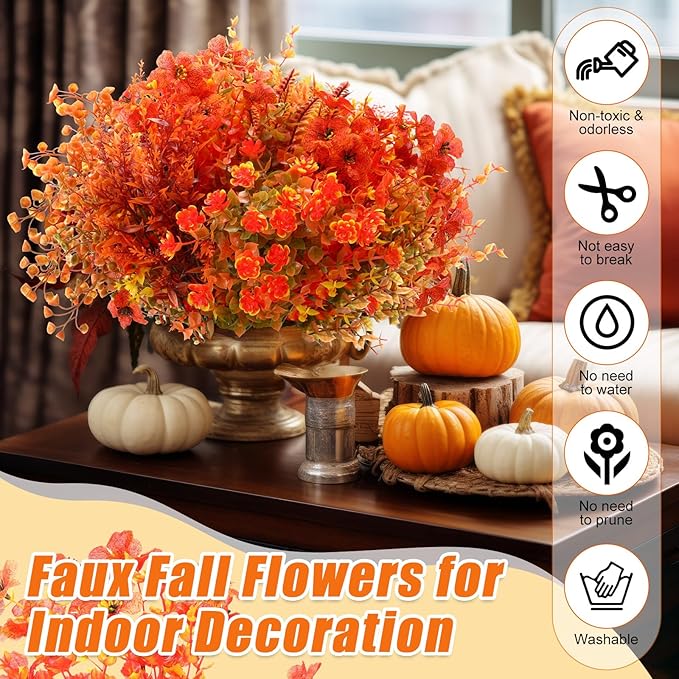 Mimorou 100 Bundle Fall Artificial Flowers Outdoor UV Resistant Autumn Orange Fake Plants Flowers Faux Plastic Greenery Decoration Shrub for Wedding Window Box Home Porch Fireplace Thanksgiving