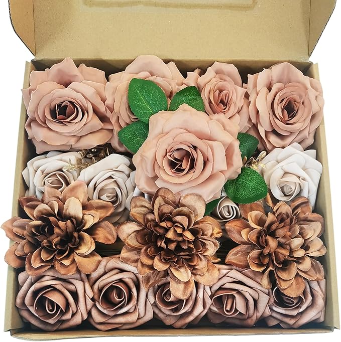 Artificial Fake Flowers 20pcs Roses, Mixed Coffee Brown Faux Flower for DIY Wedding Bouquet Bridal Shower Centerpieces Floral Arrangements Party Table Home Decorations