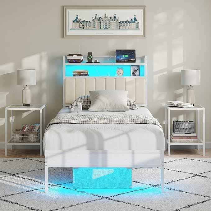 Twin Size Bed Frame with Charging Station and LED Lights, Metal Bed Frame with Headboard, White Upholstered Headboard with 2-Tier Storage Shelves, Noise Free, No Box Spring Needed, White