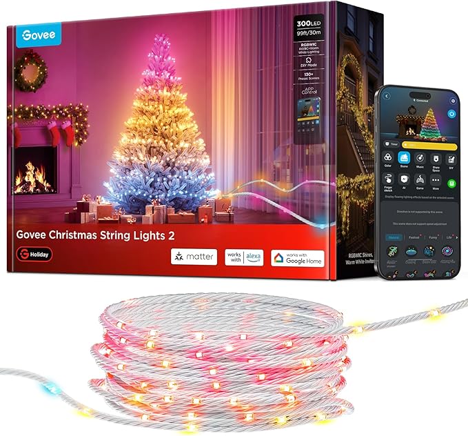 Govee Christmas Lights 2, RGBWIC 99FT 300LEDs Holiday String Lights with Shape Mapping Function, Smart LED Decoration for Indoor Outdoor Tree, 130+ Preset Scenes, Voice and APP Control, Clear Wire