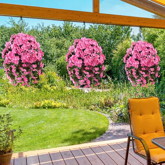 INQCMY Artificial Hanging Flowers with Basket for Garden Outdoor Spring Summer Decoration,Faux Silk Begonia in Planter Look Real UV Resistant for Home Porch Patio Balcony Yard Decor(Red)