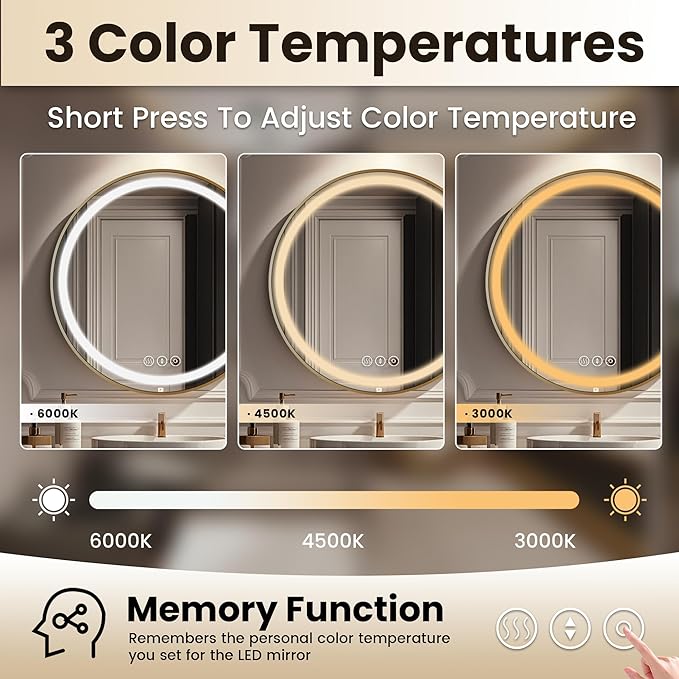 Gold Round Mirror 32 Inch, Metal Framed Frontlit Bathroom Mirror, Circle Mirrors for Wall, Led Light Mirror with Anti-Fog, Memory Function, 3 Color Temperature, Makeup Mirrors Dimmable