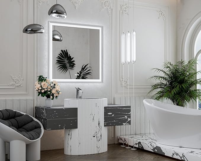 TETOTE 36x36 LED Bathroom Mirror with Lights Silver Metal Framed Brushed Nickel Front & Back Light Vanity Mirror Baroque Antifog Stepless Dimmable White/Warm/Natural,Wall Mounted(Horizontal/Vertical)
