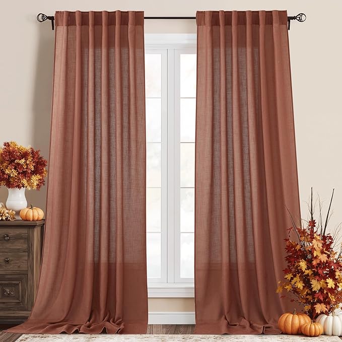 RYB HOME Faux Linen Curtains 102 inches Long, Elegant Textured Sheer Drapes Boho Window Decor for Balcony Living Room Dining Room, 52 Wide x 102 inches Long, Terracotta, 2 Pcs