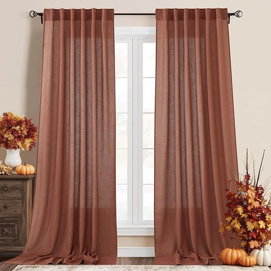 RYB HOME 108 inch Terracotta Fall Curtains Linen Woven - Shabby Chic Modern Elegant Semi Translucent Sheer Drapes Sun Filter for Sliding Glass Door Doorway Hotel, Wide 52 by Long 108, 2 Panels