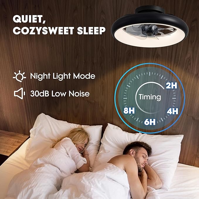 Ceiling Fan with Lights, 15" Flush Mount, Black Low Profile with 6 Wind Speeds, Smart Dimmable LED for Bedroom, Living Room