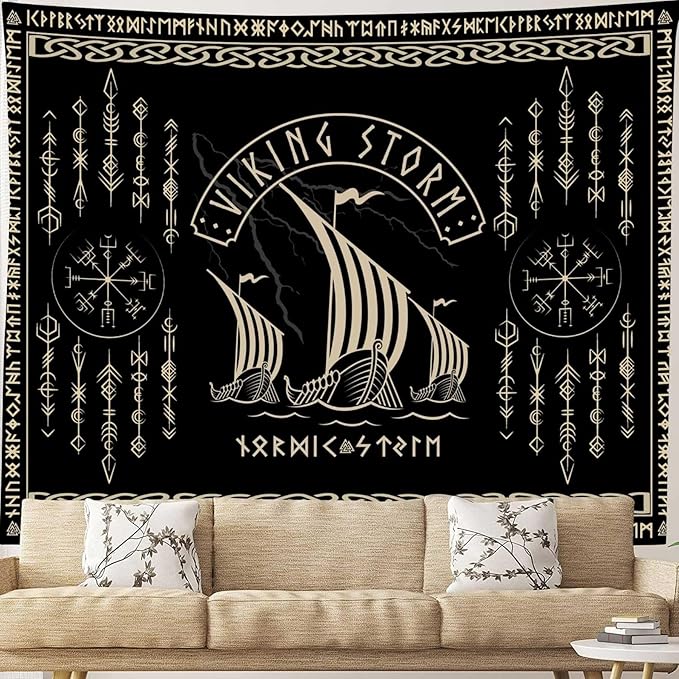 OSUNBD Viking Warship Tapestry Wall Hanging - Small 70x47 inches Storm & Celtic Runes on Soft Flannel Aesthetic Mythology Tapestries Norse Mythology Art for Bedroom, Living Room Decor
