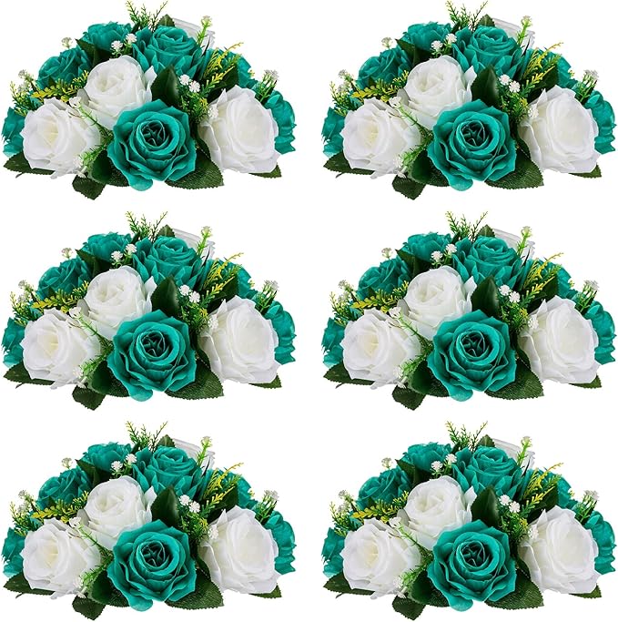 NUPTIO Flower Wedding Centrepieces for Tables - 6 Pcs 9.5in Diameter Teal & White Artificial Flowers Rose Ball for Centerpieces Table - Fake Rose Arrangements for Weddings Birthday Party Decorations