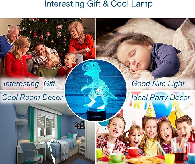 Dino 3D Decor Lamp with Remote, Dinosaur Toys for Girls Boys Room, 7 Colors Changing Night Light Bedside Gifts for Kids Baby