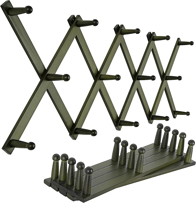 SKOLOO Hat Rack for Wall with 14 Hooks, Pack of 2, Solid Wooden, Modern, Expandable Coat Rack Wall Mount for Coats, Hats, Bags, Baseball Caps, Dark Walnut Color