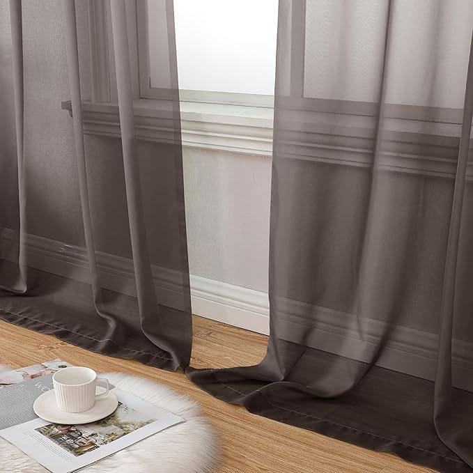 Aiyufeng Chocolate Sheer Curtains 63 Inches Long 2 Panels, Solid Voile Top Dual Rod Pockets Stylish Breathable Drapes Window Treatment for Kid's Room/Bedroom/Living Room, 40W x 63L, Chocolate Brown