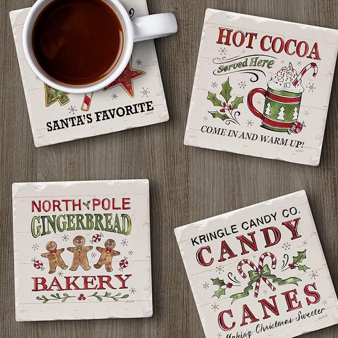 Thirstystone Holiday Treats 4 Pack Assorted Tumbled Tile Stone Coasters with Protective Cork Backing 4" Square Manufactured in The USA