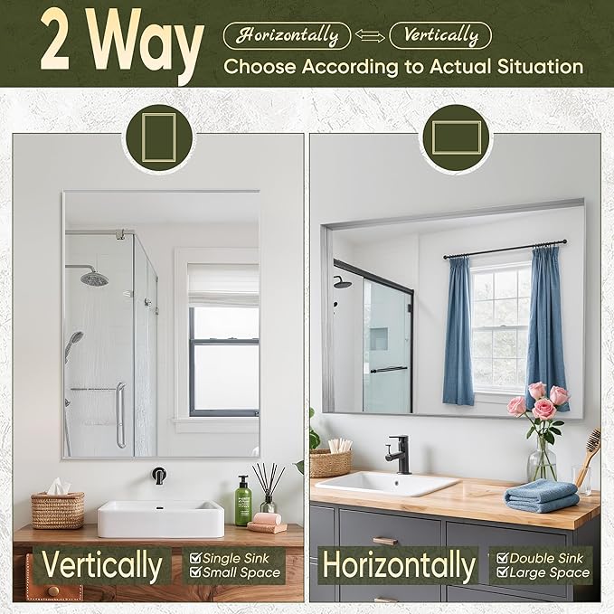 Suidia Bathroom Mirror, 30" x 40" Wall Mirror Metal Framed, Bathroom Vanity Mirror for Living Room Bedroom Bathroom Entryway, Silver, Rect Corner Style