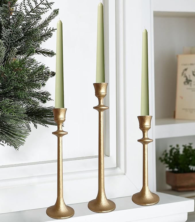 Iron Taper Candle Holder - Set of 3 Decorative Candle Stand - Candlestick Holder for Wedding, Dinning, Party - Antique Brass