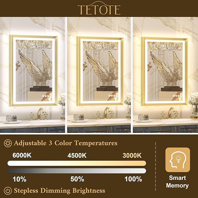 TETOTE 48x40 LED Bathroom Mirror with Lights Gold Metal Framed Front & Back Light Vanity Mirror Baroque Antifog Stepless Dimmable White/Warm/Natural,CRI90+,Waterproof,Wall Mounted(Horizontal/Vertical)