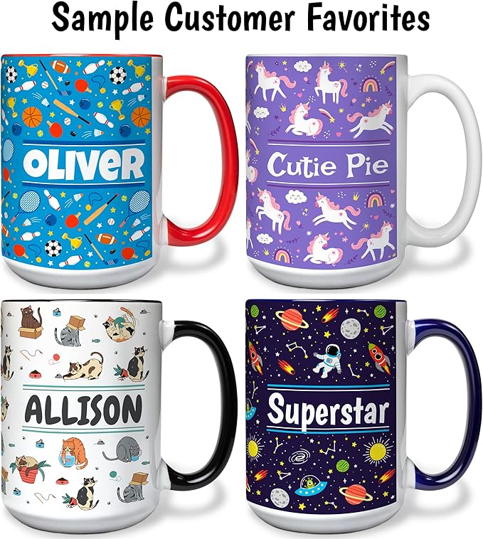 Personalized Mug for Kids - Vehicles - Custom Name/Text, Ceramic Hot Chocolate/Cocoa/Coffee Cup for Boys, Birthday/Christmas/Holiday Gift - 15 oz, Pink Handle