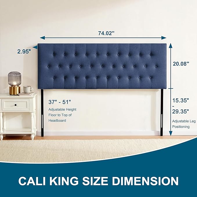 Tufted Upholstered Headboard California King Size, Solid Wood Head Board with Durable Metal Legs, Adjustable Height Bed headboard from 37” to 51” Fabric Headboard in Button Design, Blue