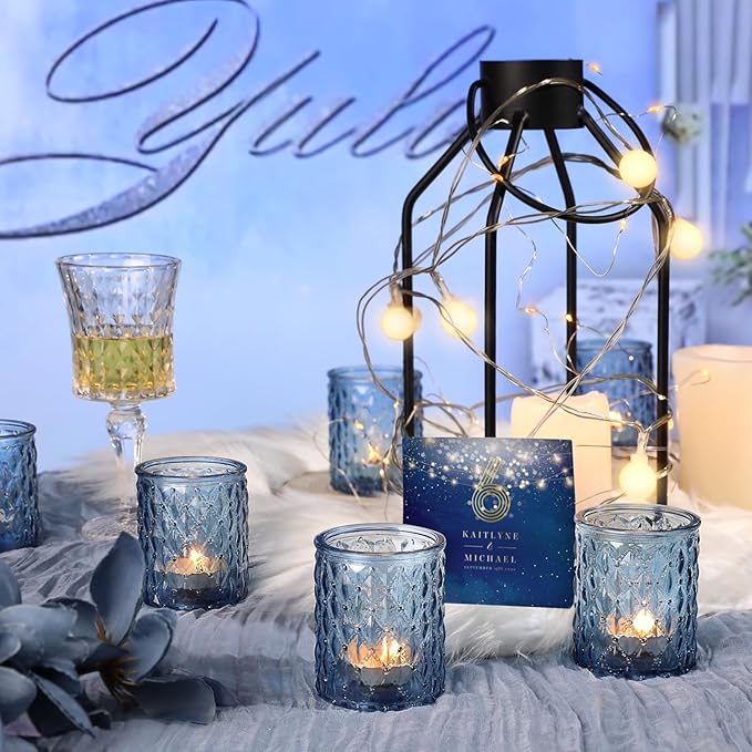 12pcs Blue Votive Candle Holders-Glass Candle Holder for Centerpiece Table Decorations, Tea Light Candle Holders for Wedding Decor, Home Decor, Baby Shower and Party Decor