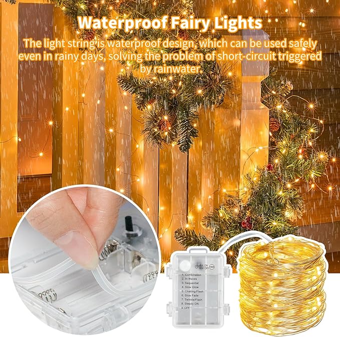 TingMiao Fairy Lights Battery Operated String Lights with Remote Control Timer, 33Ft 100 LED Waterproof 8 Modes Copper Wire Warm White Twinkle String Lights for Christmas (Warm White, 1 Pack)