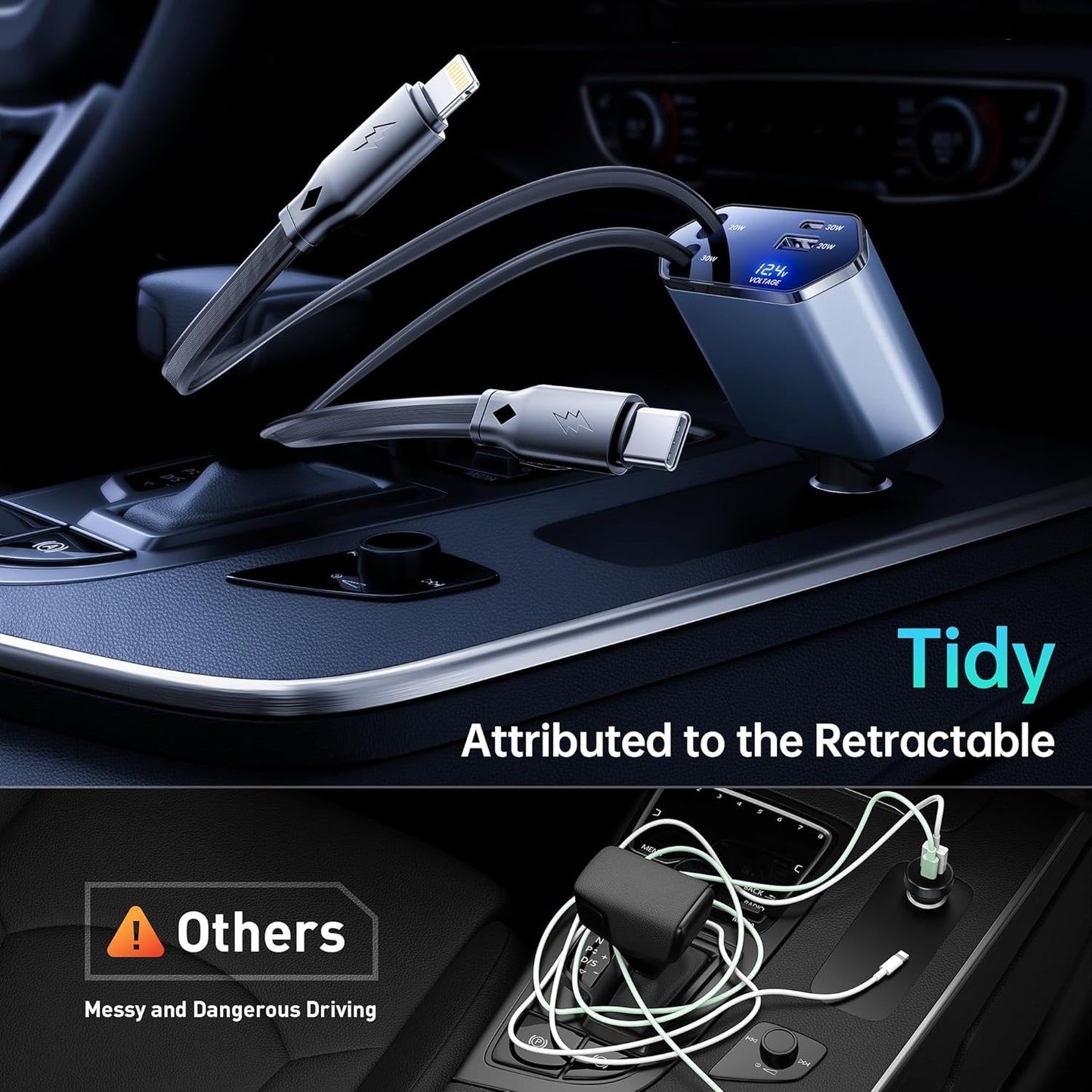 GUSGU 100W Retractable Car Charger, 4-in-1 Fast Charger with 2.6ft Cord, Lightning and USB-C Adapters