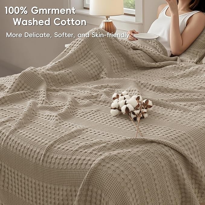 PHF 100% Cotton Waffle Blanket Oversized King 120"x120", Lightweight Breathable Extra Large 10'x10' Blankets for Bed, Giant Big Luxury Aesthetic Woven Bedding for Home Decor, Taupe