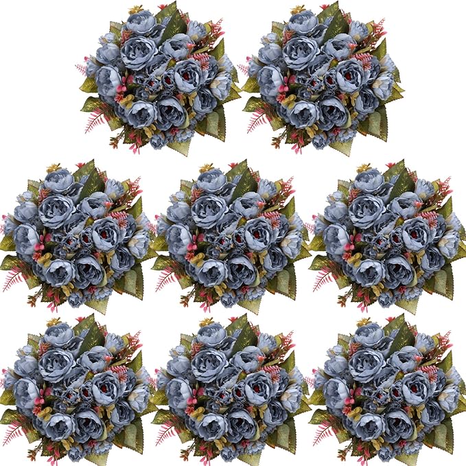Geosar 8 Bundles Artificial Peonies Flowers Fake Silk Peony Bouquet Faux Peonies Flowers Bulk for Decoration Vase Floral Arrangements Wedding Party Table (Blue)